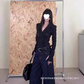 辣妹黑色小众设计感双排扣V领弹力针织外套连体上衣女