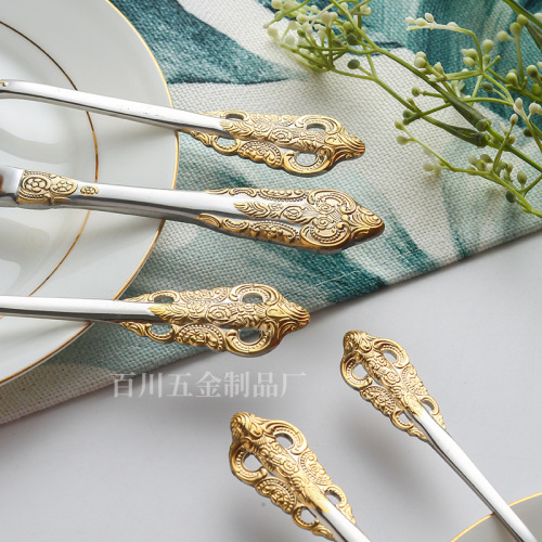 Baichuan four-piece set of 316 stainless steel tableware, palace-style gold-plated embossed pattern, five-piece knife, fork, spoon, dessert fork