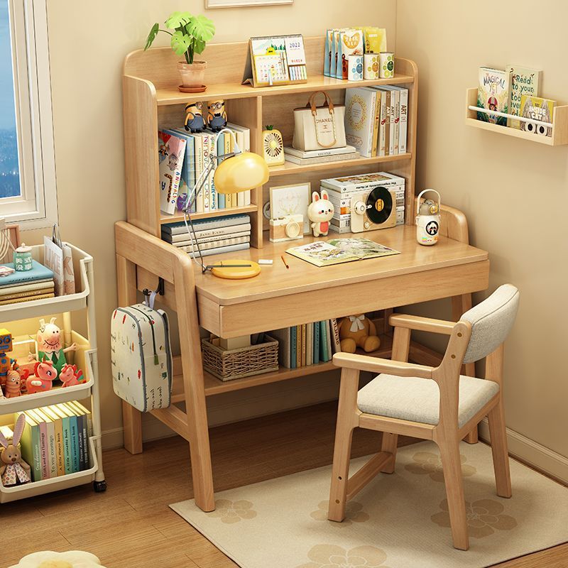 Small Solid Wood Desk and Bookshelf Integrated Bedroom Home Primary and Secondary School Students Desks and Chairs Liftable Children's Study Table