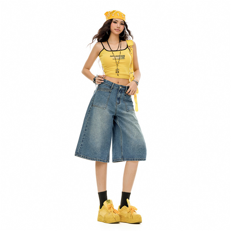 New Style Chinese-Style Straight-Leg Cropped Pants for Women, Summer Thin Low-Waist Loose Slimming Drapey Wide-Leg Denim Shorts for Women