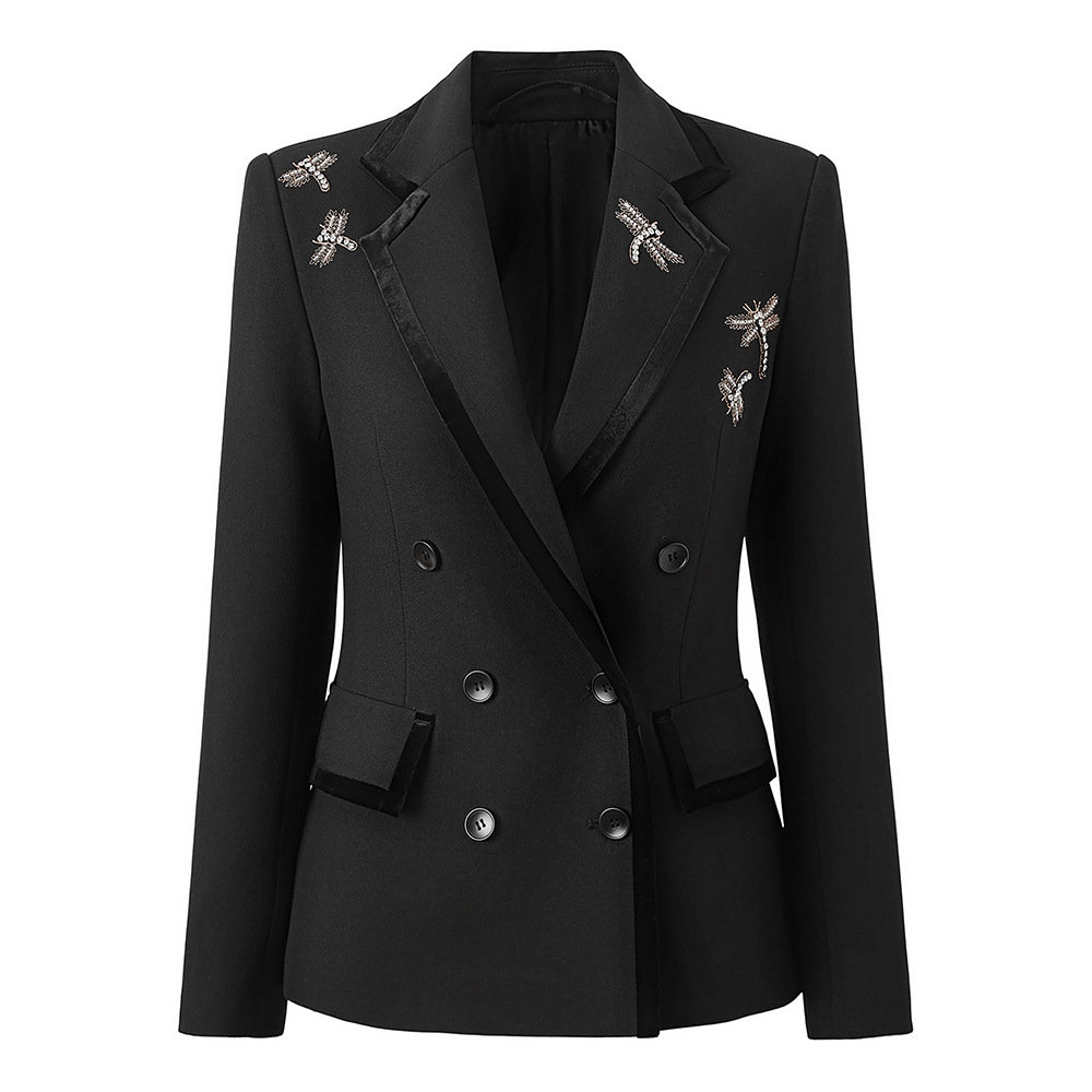 in stock Nanyou 24 Early Autumn High-end Velvet Edge Double-breasted Suit Jacket Heavy Nail Dragonfly Embroidered Suit
