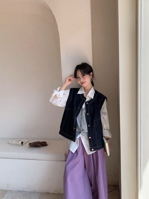 25年秋款马甲女宽松休闲韩版牛仔马夹学院风开衫无袖坎肩时尚马夹|undefined