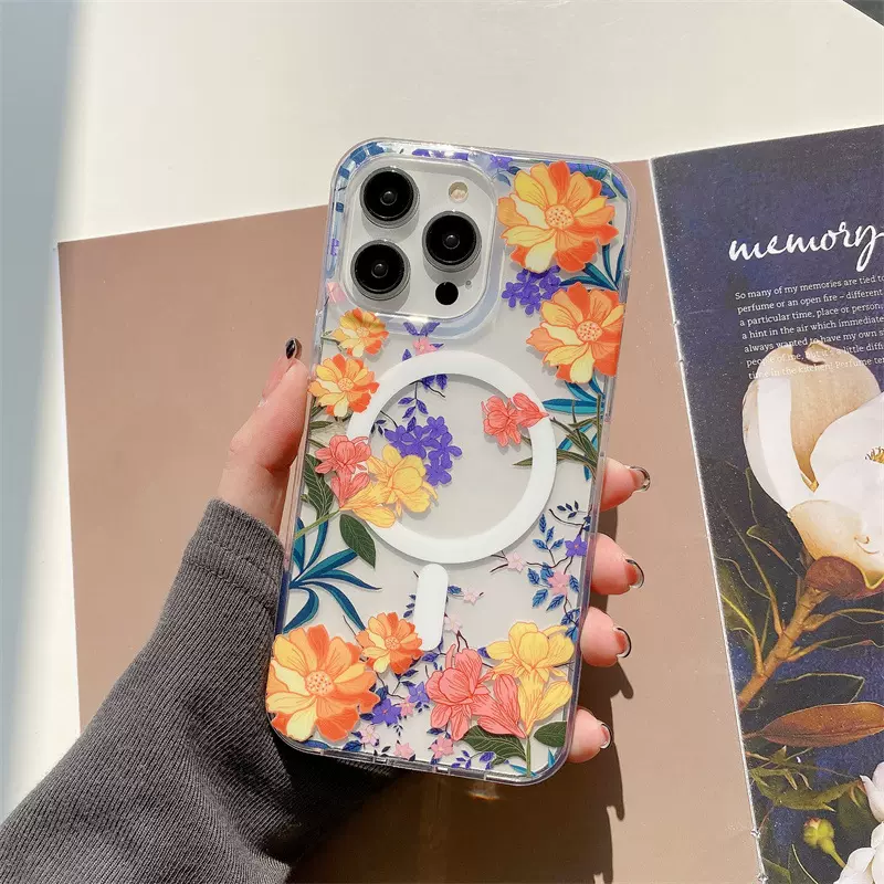 适用iPhone16磁吸壳苹果15promax高透ins风SE4双层印花手机壳14