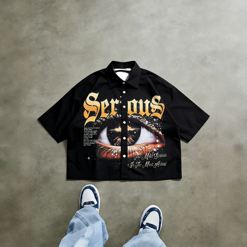 American retro style black short-sleeve shirt with big eye letter print, men's loose high street turn-down collar half-sleeve shirt