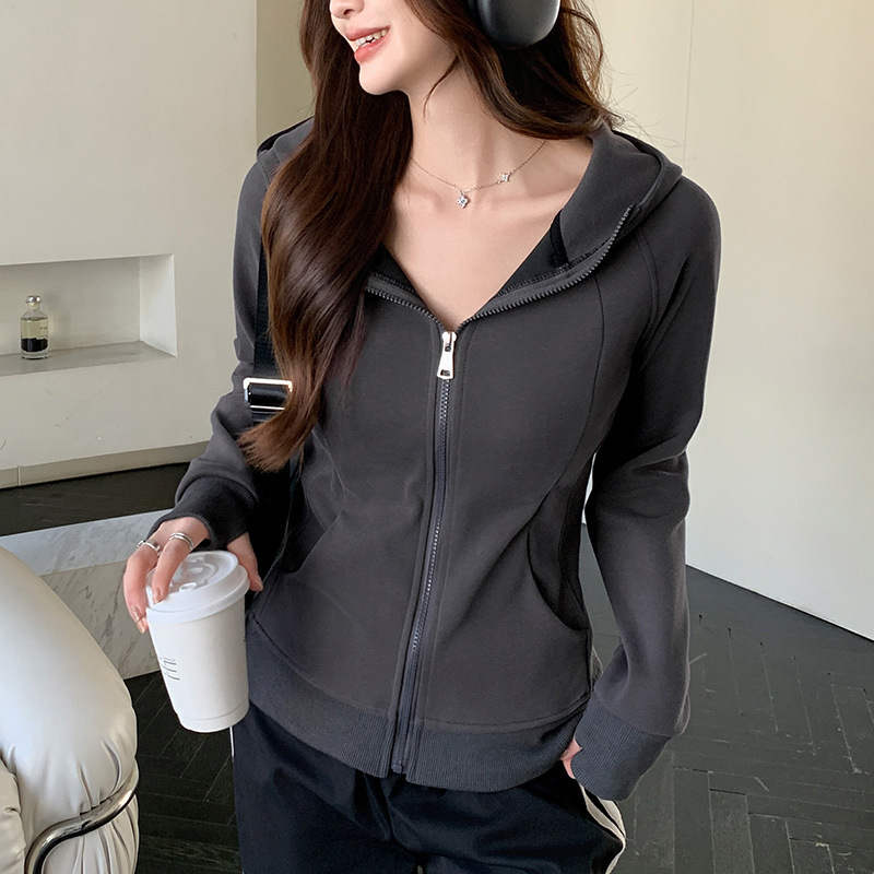 1201 Korean Style Flap Pocket Pants Hooded Zipper Sweatshirt for Women Spring & Fall Long-Sleeved Slim Waist Fleece-Lined Jacket High-End Women's Clothing