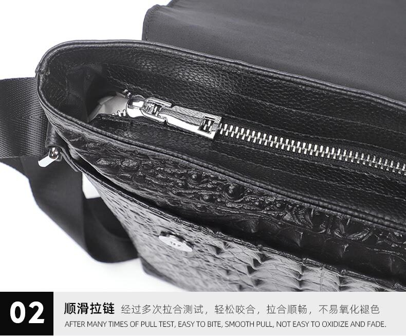 Túi đeo chéo nam da bò thật vân cá sấu, túi đeo vai mở rộng đựng vừa máy tính bảng 8 inch — Màu cà phê, Màu đen chi tiết 19