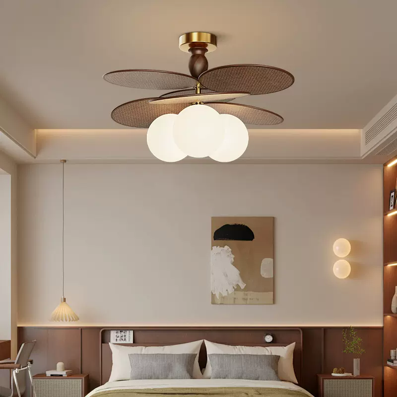 法式中古风客厅灯餐厅卧室魔豆灯复古书房茶室氛围感拉菲草吸顶灯