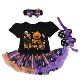 亚马逊热销万圣节新生婴儿童背心飞袖色丁三件套装节日装扮卡通裙