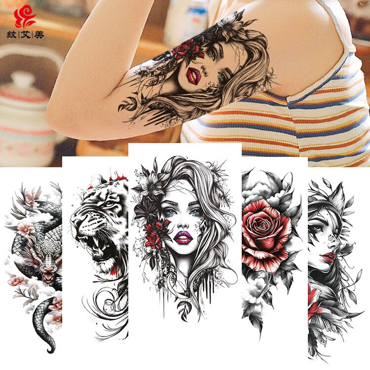 New waterproof small full-arm tattoo stickers, European and American face and flower designs, realistic flower arm temporary tattoo stickers for men and women, wholesale