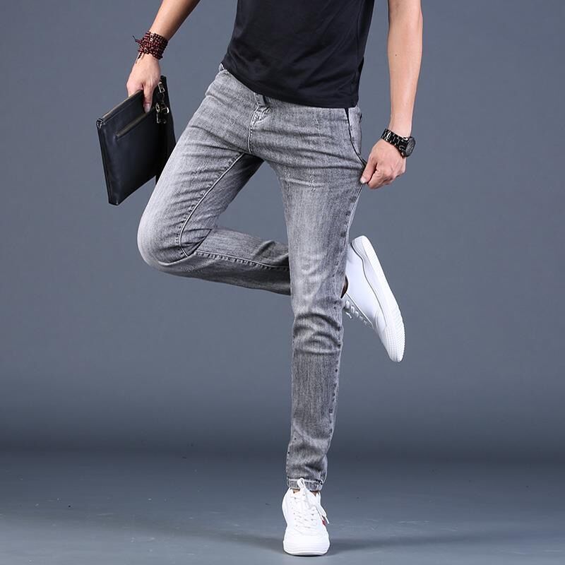 Smoke Grey Stretch Jeans Men's Summer Thin 2022 New Slim Fit Small Foot Men's Casual Trendy Brand Pants