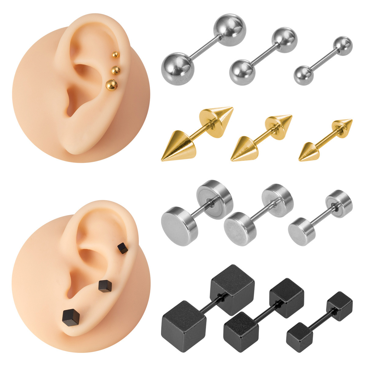 Simple Style Round Square Stainless Steel Plating Ear Studs 3 Pieces