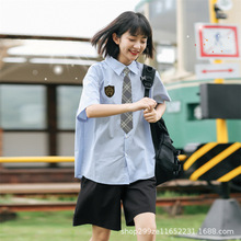 学院风蓝色衬衫女夏季毕业班服初高中学生短袖衬衣jk制服套装礼服