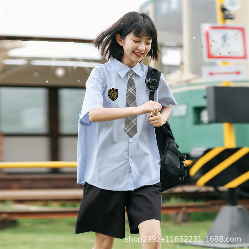学院风蓝色衬衫女夏季毕业班服初高中学生短袖衬衣jk制服套装礼服