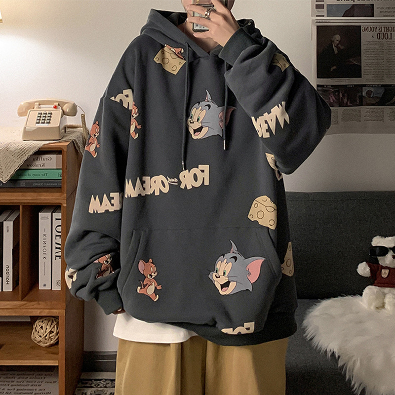 Men Velvet Hoodie Grey Loose Winter School Style