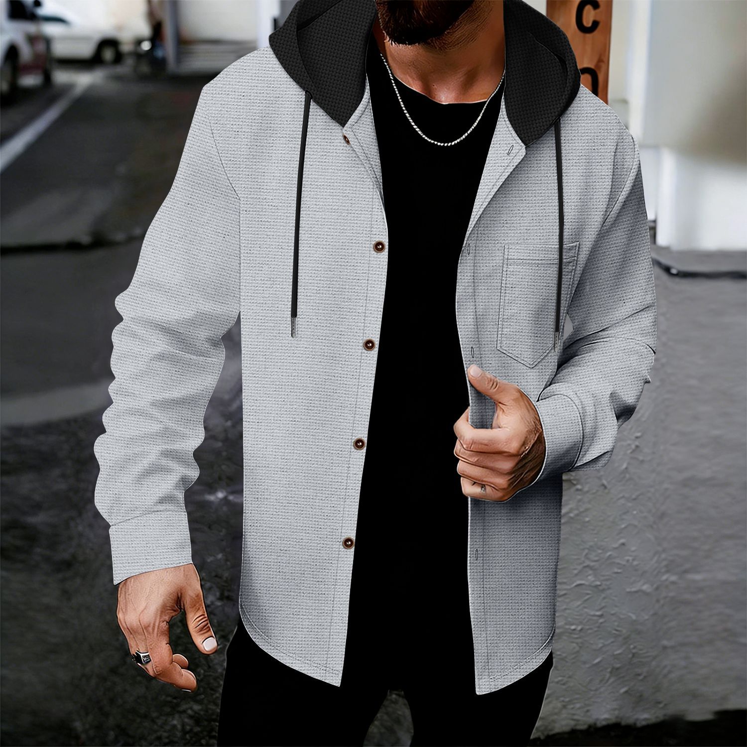 Heren wafelgebreide hoodie met zakken en knopen voor casual look_voghion.com