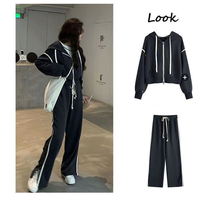 ActiveGo Sports Casual Suit Women Autumn Winter 2024 New Fashion Hong Kong Style Retro Wide Leg Pants Sweatshirt Two Piece Set_desvips.com