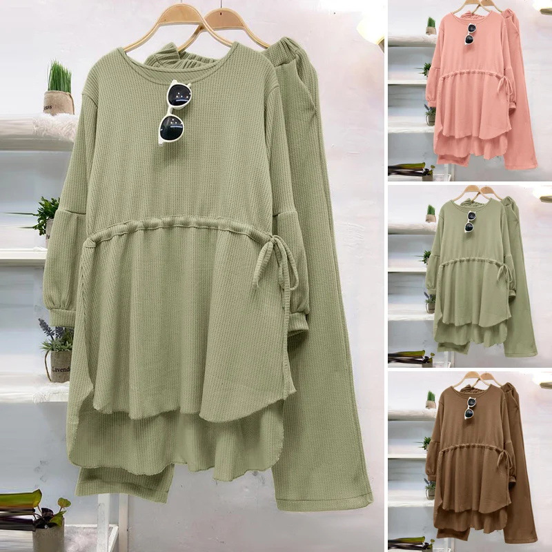 Women's 2 Piece Set Textured Solid Color Drawstring Casual Wear Top With Fashionable Elastic Waist For Autumn Holiday_voghion.com