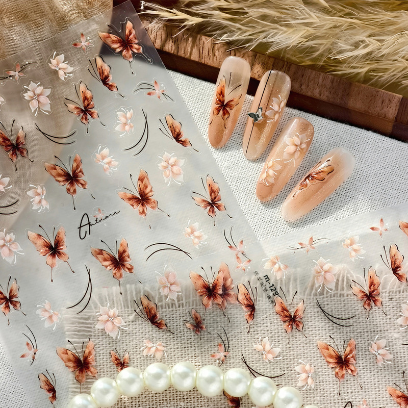 Tensor Retro Oil Painting Style Butterfly Nail Stickers M1290 Autumn and Winter Atmosphere Brown Tone Butterfly Nail Stickers