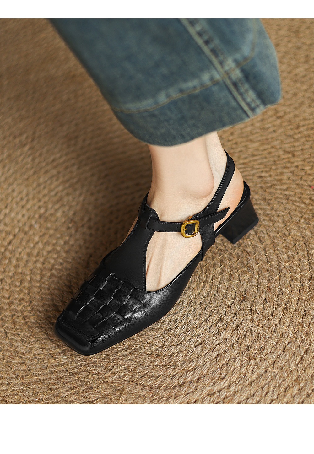 Sandal Mary Jane nữ mũi vuông da bò gót thấp quai chữ T đan dây — đen chi tiết 11