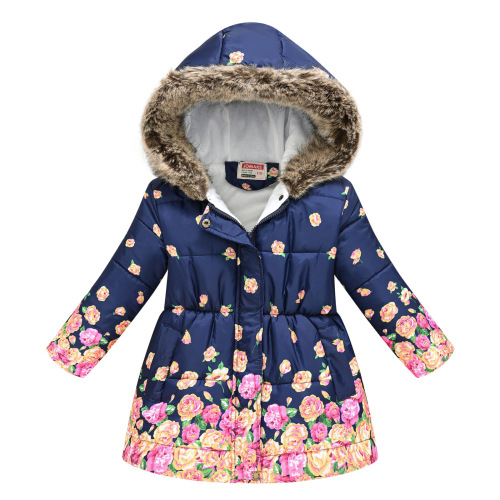 New model children's winter print cotton coat for export, with thicker middle-child size, fur collar, and hat, casual cotton jacket.