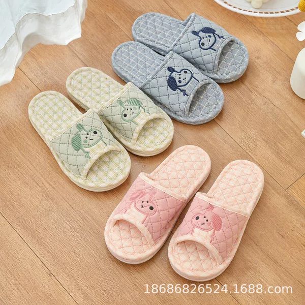 Cartoon plaid embroidered fabric slippers, suitable for spring and autumn, with non-slip and quiet soles, perfect for indoor use, and designed as a couple's pair for home and floor wear