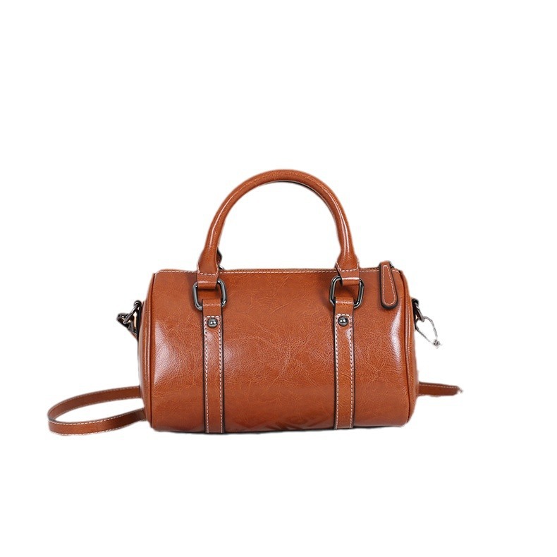 Women's Genuine Leather Handbag Oil Wax Cowhide Crossbody Bag 2024 New Trendy High-End Boston Pillow Bag - Thumbnail 5