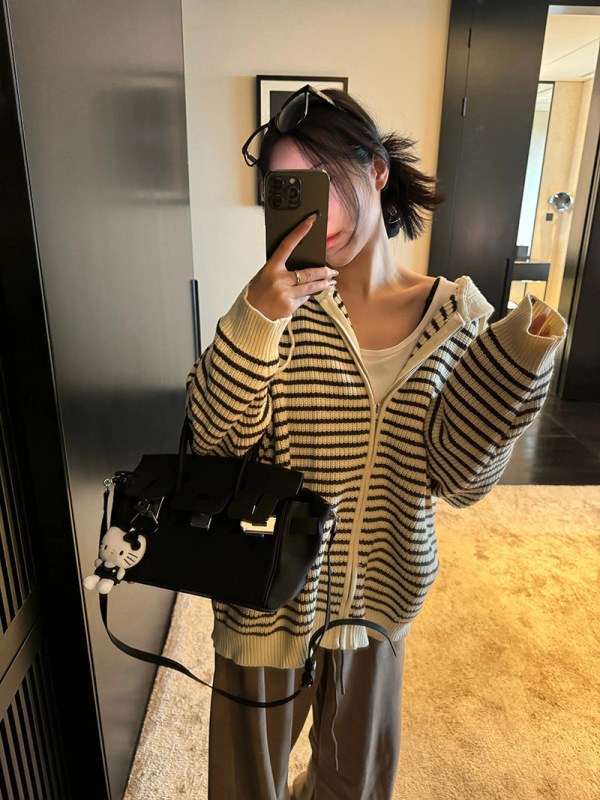 慵懒风杏色抽绳连帽条纹针织开衫女秋冬2025韩版宽松百搭上衣外套|undefined