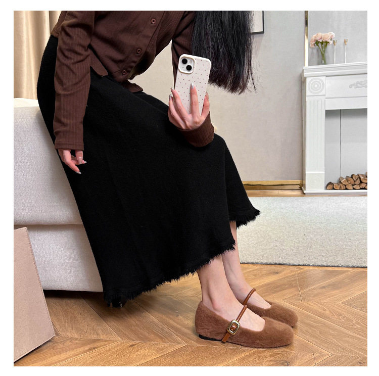 Giày Mary Jane nữ kiểu ballet một dây, gót vừa 3–6 cm, mũi tròn, tăng chiều cao, phủ nhung — Màu nâu đậm, Màu trà sữa, Màu trắng sữa chi tiết 32