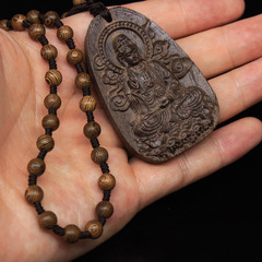 Natural Indonesian Agarwood Log Carved Eight Guardians of the Directions Zodiac Guanyin Buddha Amulet Pendant Wooden Necklace