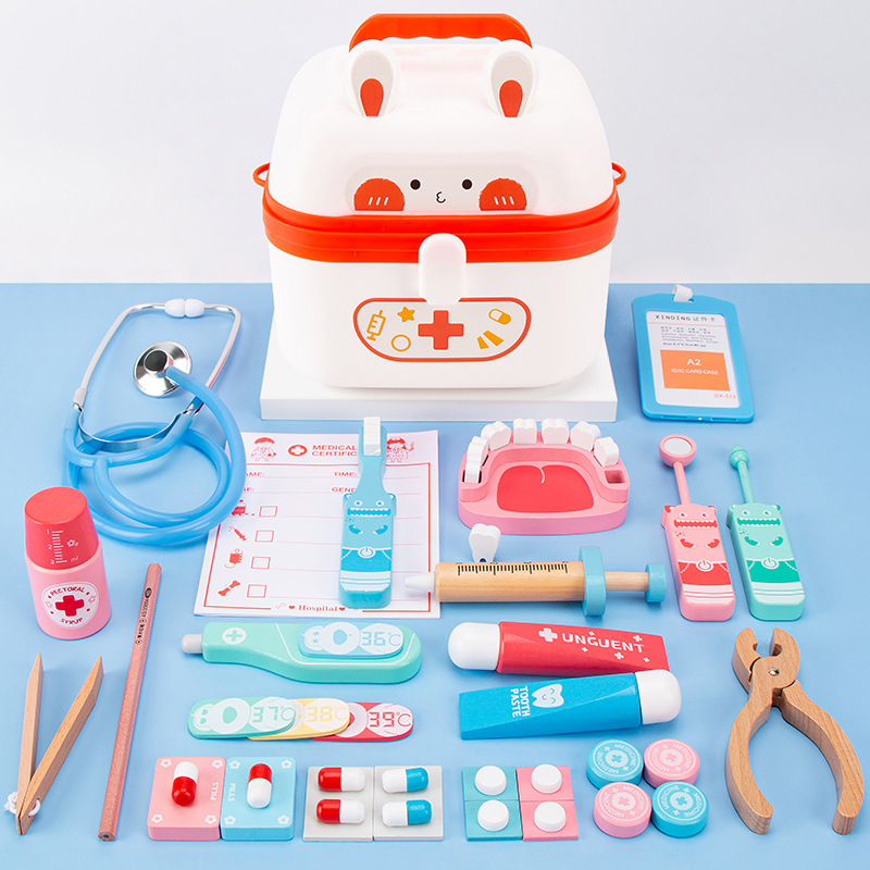 Educación temprana para niños Conejito Doctor Toy Set para niños y niñas Juego de casas Juguetes de inyección Caja de medicina de simulación de madera