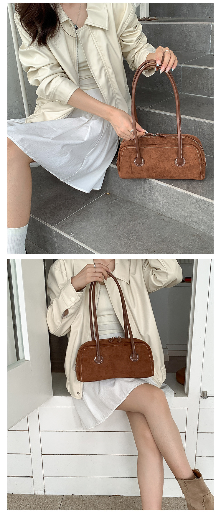 Autumn suede stick with simple leather splicing design, underarm bag, women's plush fashionable versatile shoulder bag_voghion.com