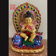 祥狮铜彩绘铸造铜雕孺童文殊家用供奉神像坐骑工艺品摆件25厘米高