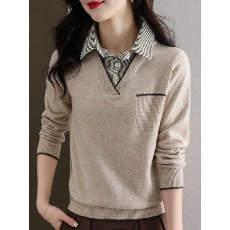 针织衫女新款2024时尚洋气翻领假两件打底上衣春秋宽松外穿毛衣潮