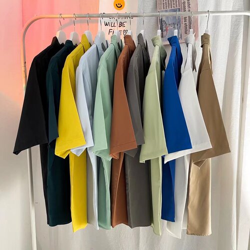 Classic five-button sleeveless men's and women's short-sleeve shirt with hidden stitching, solid color, trendy round neck, summer youth style