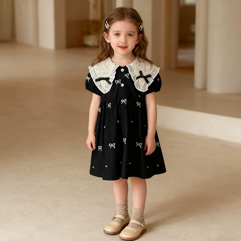 Новое летнее платье для девочек, детская юбка с короткими рукавами и вышивкой бантом, детская одежда, хлопковое платье для маленьких девочек