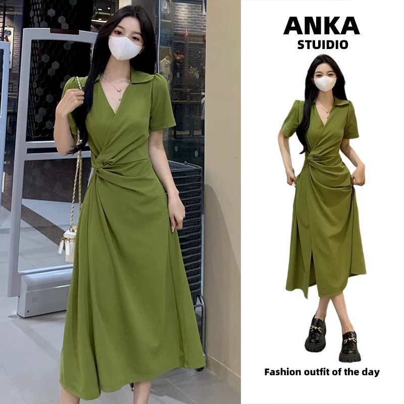 Фруктово-зеленое французское платье, летняя новая элегантная рабочая одежда с v-образным вырезом и плиссированной талией, высококачественная юбка средней длины