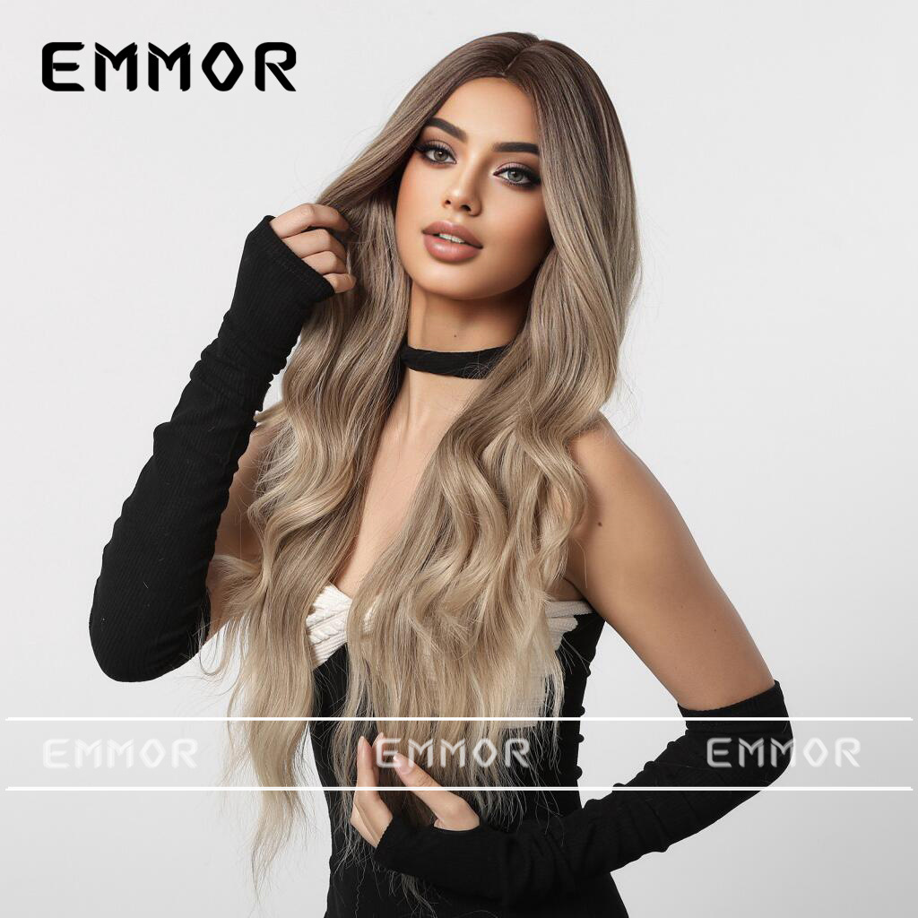 Venta caliente transfronteriza estilo europeo y americano medio gradiente marrón perezoso largo rizado pelo natural mullido peluca completa cabeza cubierta pelucas