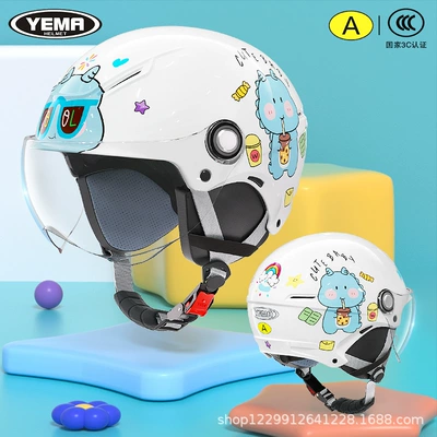 and Baby Safety Helmet | Motosiklet kaskı (dəbilqə) - four-seasons-ceramic-white-milk-tea-little-dinosaur-transparent-short-mirror
