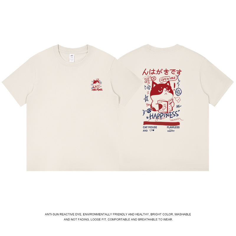 通勤用、普段着に使える、猫プリントの純綿半袖Tシャツ。メンズ、レディース兼用、和風レトロ、新作、ラウンドネック、夏服、トレンドブランド。|undefined