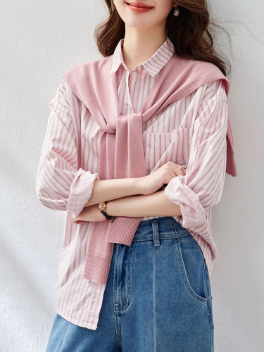 Cotton Boll Knitted Striped Sweater for Women Long Sleeve 2025 Autumn New Fashion Upgraded Pink Collar Blouse