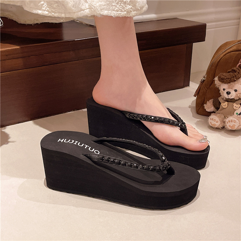Infradito alla moda con strass da donna, sandali estivi con zeppa di alta qualità con suola spessa, stile francese, adatti da abbinare con_voghion.com