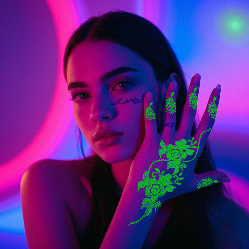 New Henna Luminous Fluorescent Tattoo Face Sticker Hanna Arm Sticker White Lace Sticker