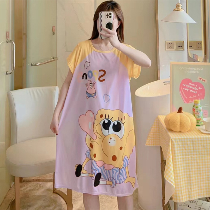 Camisón de las mujeres del verano Delgado manga corta nueva línea rojo estilo pijamas dibujos animados lindo señoras vestido flojo desgaste hogar