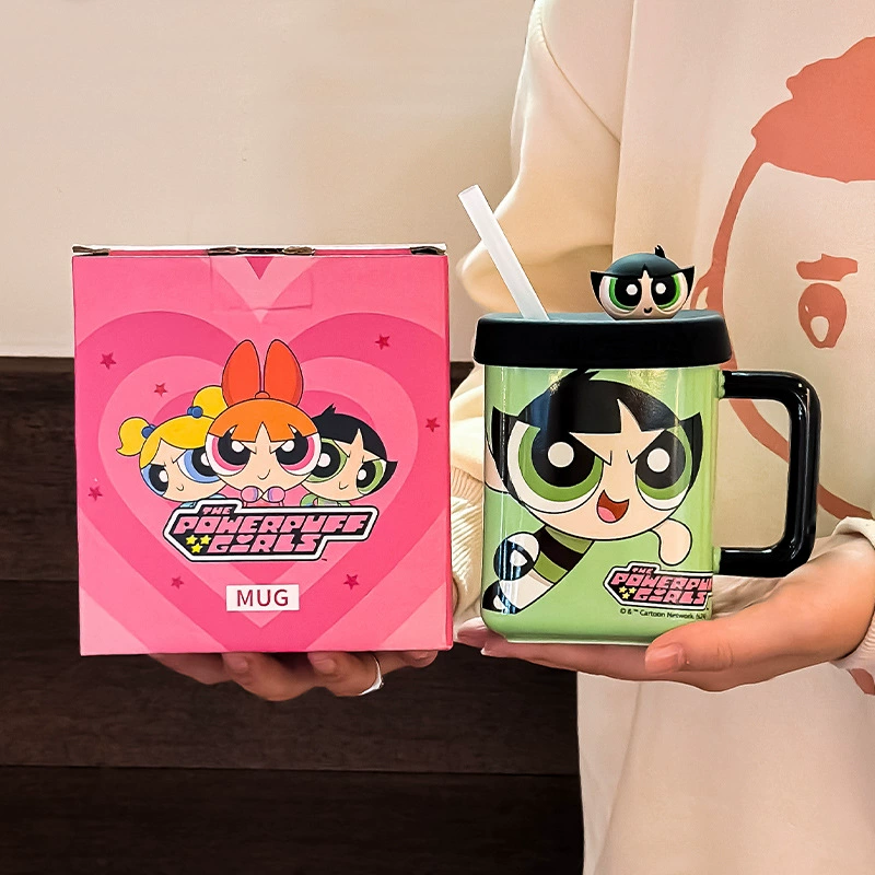 Керамическая кружка Powerpuff Girls 450 мл с крышкой и трубочкой, удобная ручка — подарок