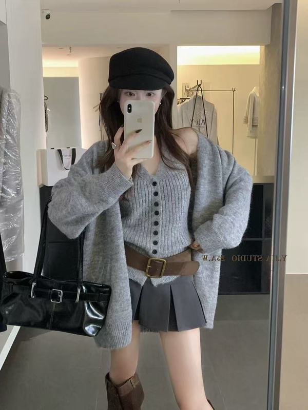 韩系慵懒针织开衫外套挂脖吊带背心两件套秋冬高级感软糯毛衣套装|undefined