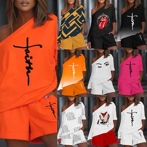 product - wholesale Summer Printed Diagonal Collar Long Sleeve Casual Loose Outfit Women - 5