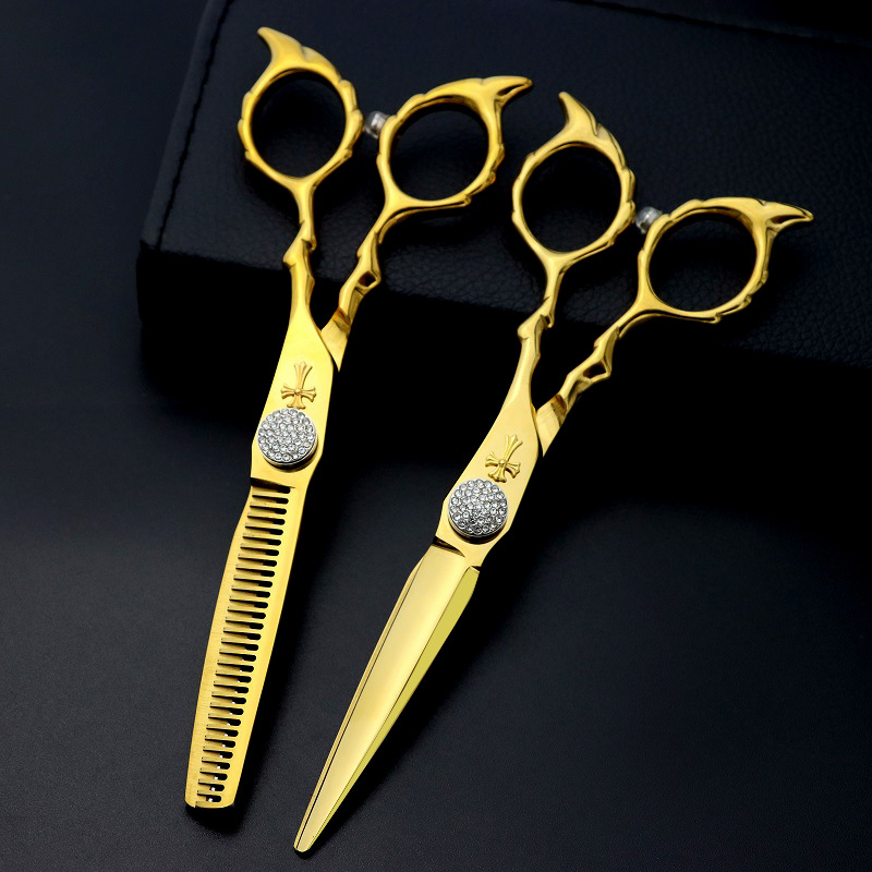 厂家批发 金色6寸高档宝石款发廊理发剪刀平牙剪专业美发剪刀套