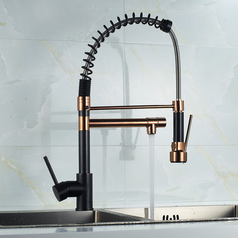 Single Handle Pull down Sprayer High Arch Pre-rinse Spring Kitchen Faucet Brass