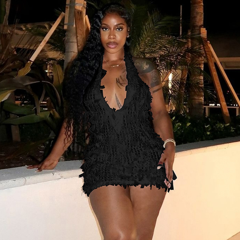 INS European American Women's Fashion Summer New Product: Sexy And Hot V-neck Halter Neck Backless Lace-up Patchwork_ecoleips.com