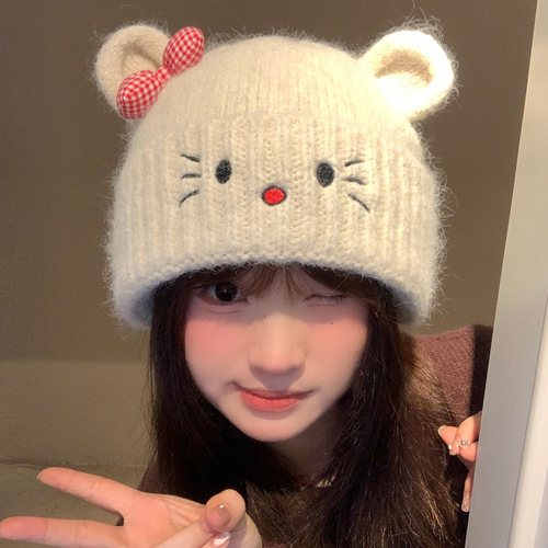 Cute Cat Knitted Wool Hat for Women, Autumn/Winter Warm and Cold-Proof, Versatile Large Circumference, Makes Face Look Smaller, Ear-Protecting, Capsular Hat